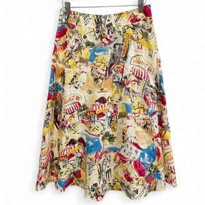 Liz Claiborne Colorful Retro Paris Market Graphic Linen A Line Midi Skirt